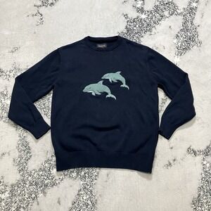 Barney Cools Sweater Mens Medium Navy Dolphin Graphic Knit Crewneck Pullover